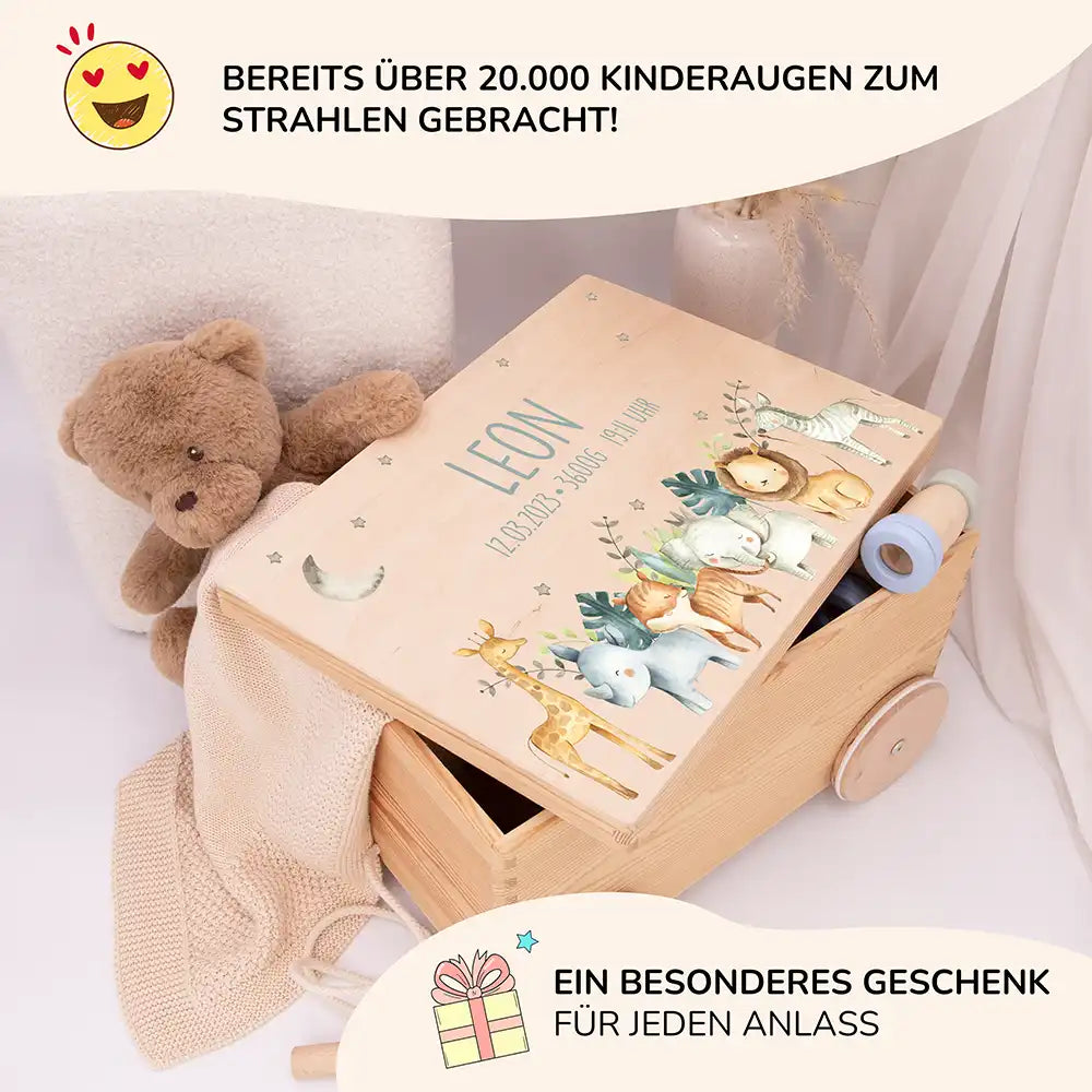 Spielzeugkiste mit Rädern personalisiert - Safari Tiere