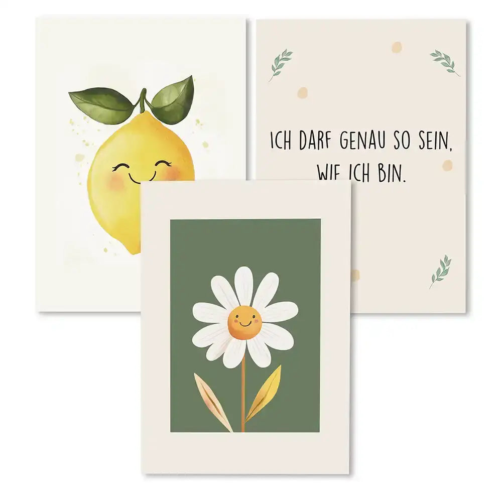 Poster 3er-Set - Zitrone, Selbstakzeptanz & Gänseblümchen fürs Kinderzimmer