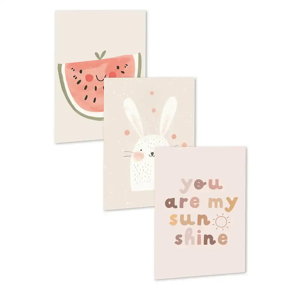 Poster 3er-Set - Wassermelone, Hase & "You are my sunshine" fürs Kinderzimmer