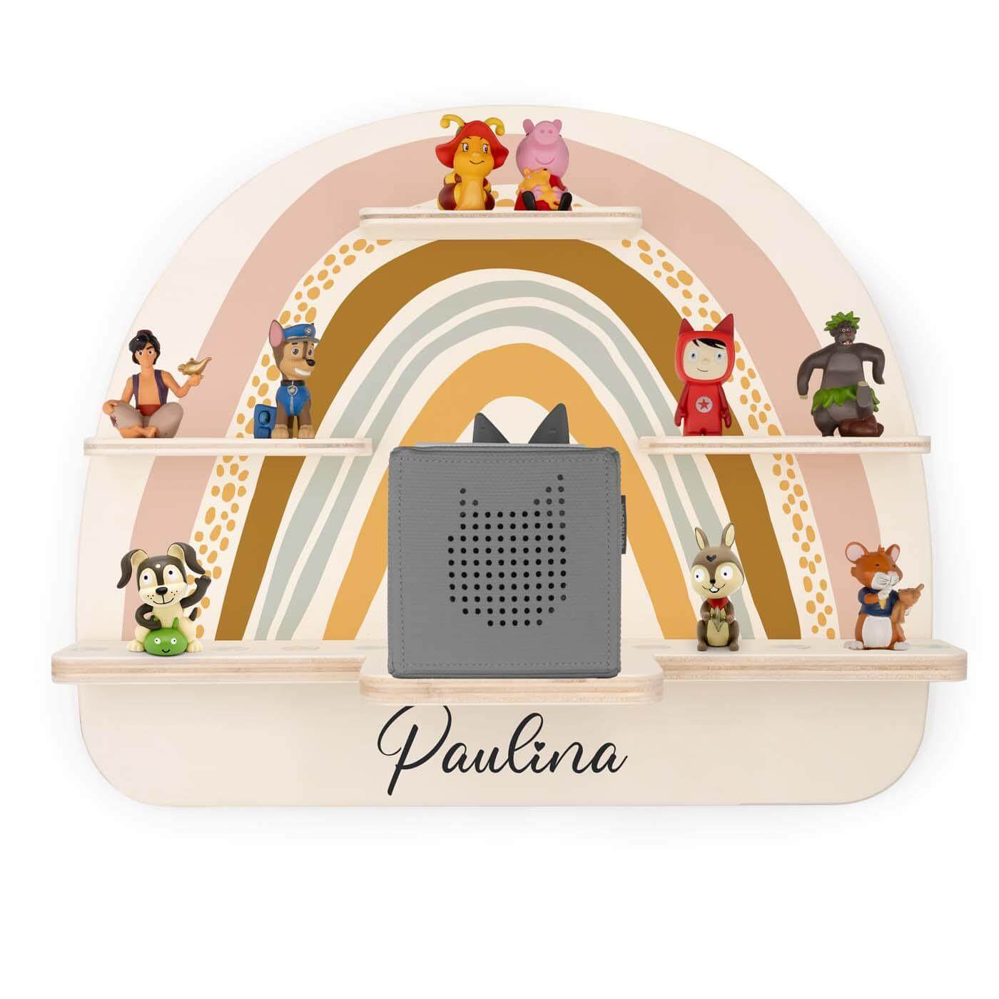 personalized wooden Tonie shelf with rainbow design