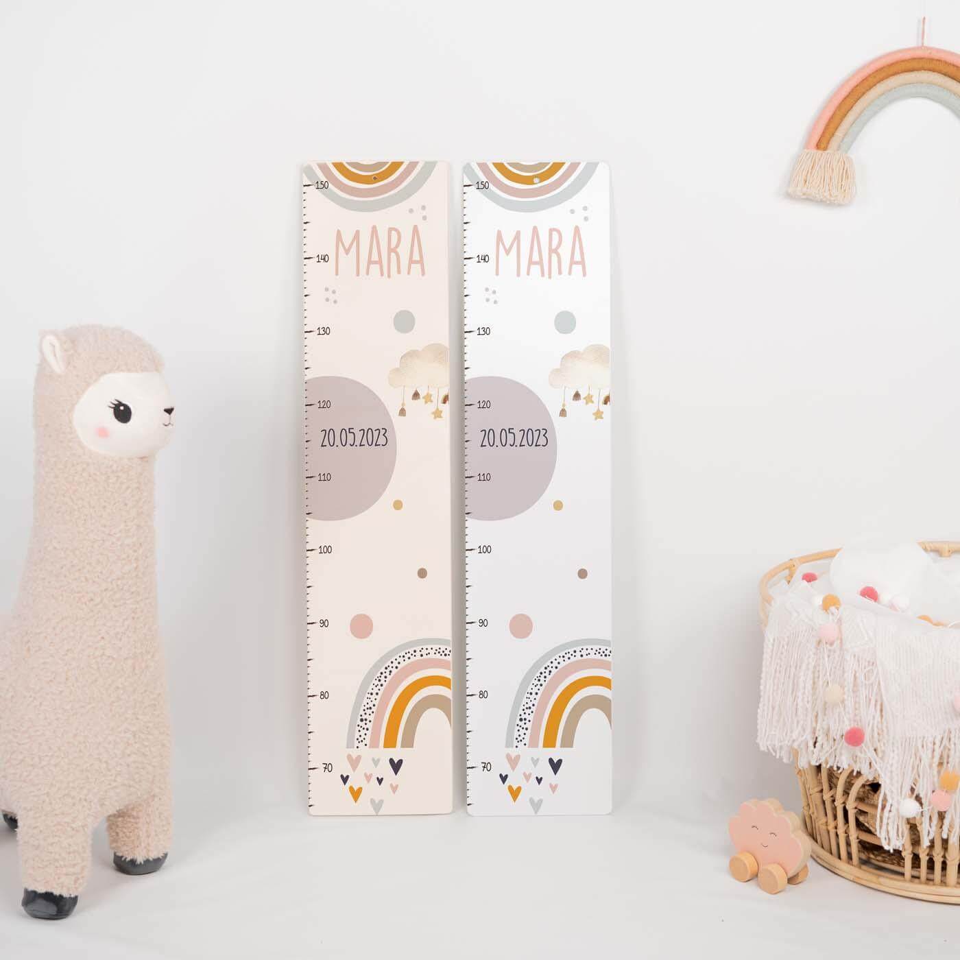 personalized growth chart with rainbow and clouds design for children's room