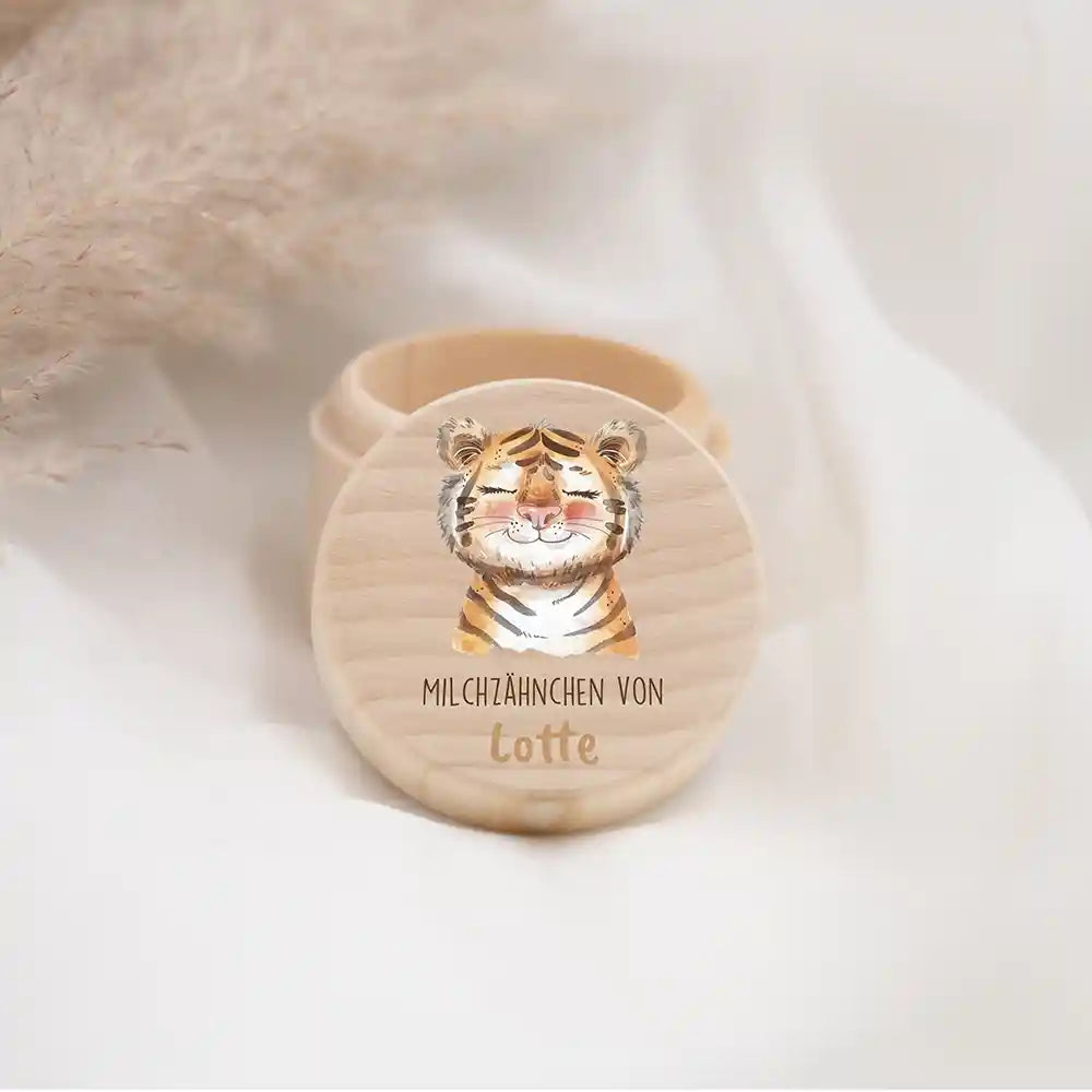Zahndose Milchzähne personalisiert - Holz Zahnbox mit Wunschnamen - Baby Tiger