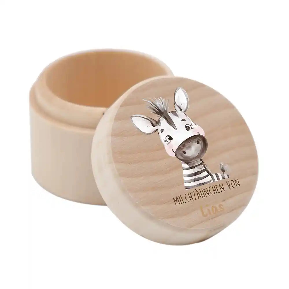 Zahndose Milchzähne personalisiert - Holz Zahnbox mit Wunschnamen - Zebra