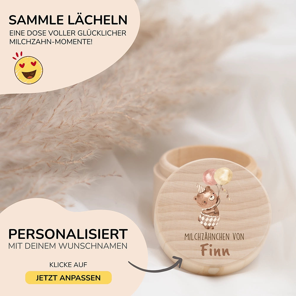 Zahndose Milchzähne personalisiert - Holz Zahnbox mit Wunschnamen - Bär mit Ballon