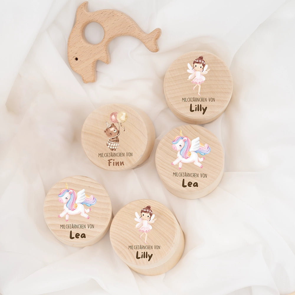 Zahndose Milchzähne personalisiert - Holz Zahnbox mit Wunschnamen - Bär mit Ballon