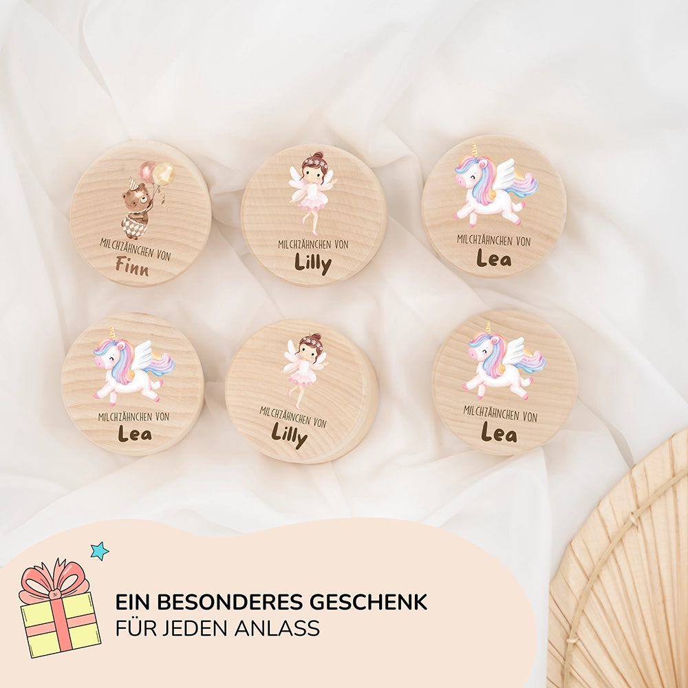 Zahndose Milchzähne personalisiert - Holz Zahnbox mit Wunschnamen - Bär mit Ballon