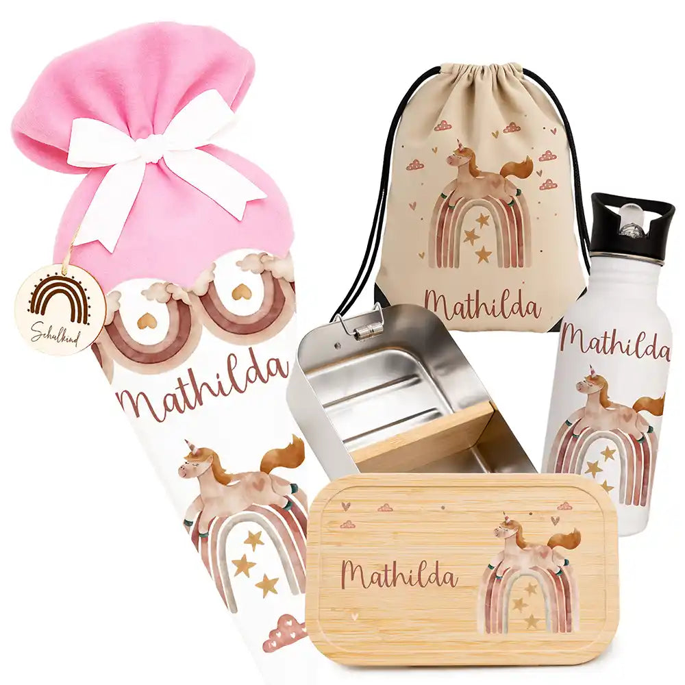 Großes Einschulungsset mit Name – Schultüte, Turnbeutel, Trinkflasche & Brotdose