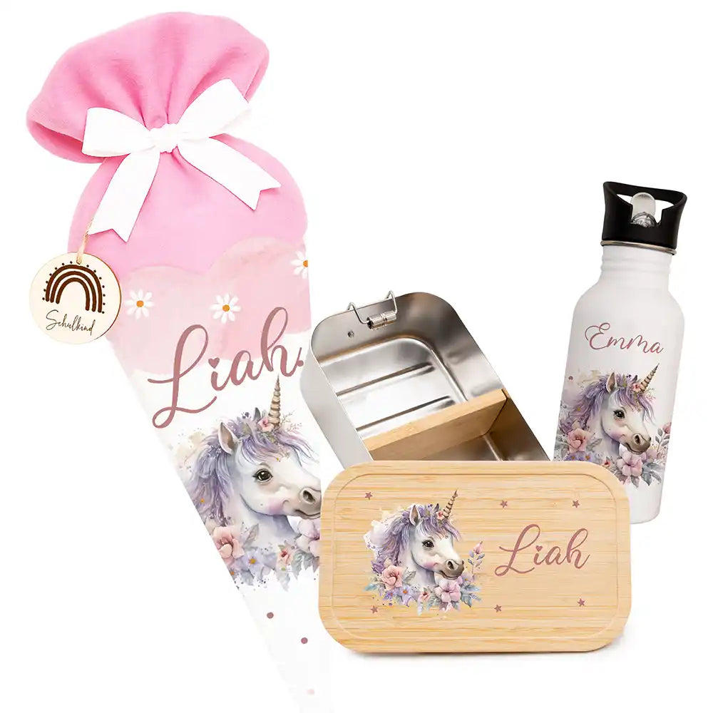 Einschulungsset mit Name – Schultüte, Trinkflasche und Brotdose