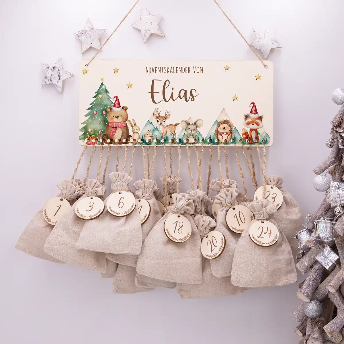 Personalisierbarer Adventskalender farbig - Glückliche Waldtiere