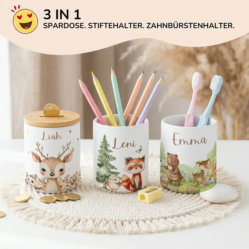 Personalisierte Spardose Roter Panda & Eule – Keramik & Bambus mit Wunschname