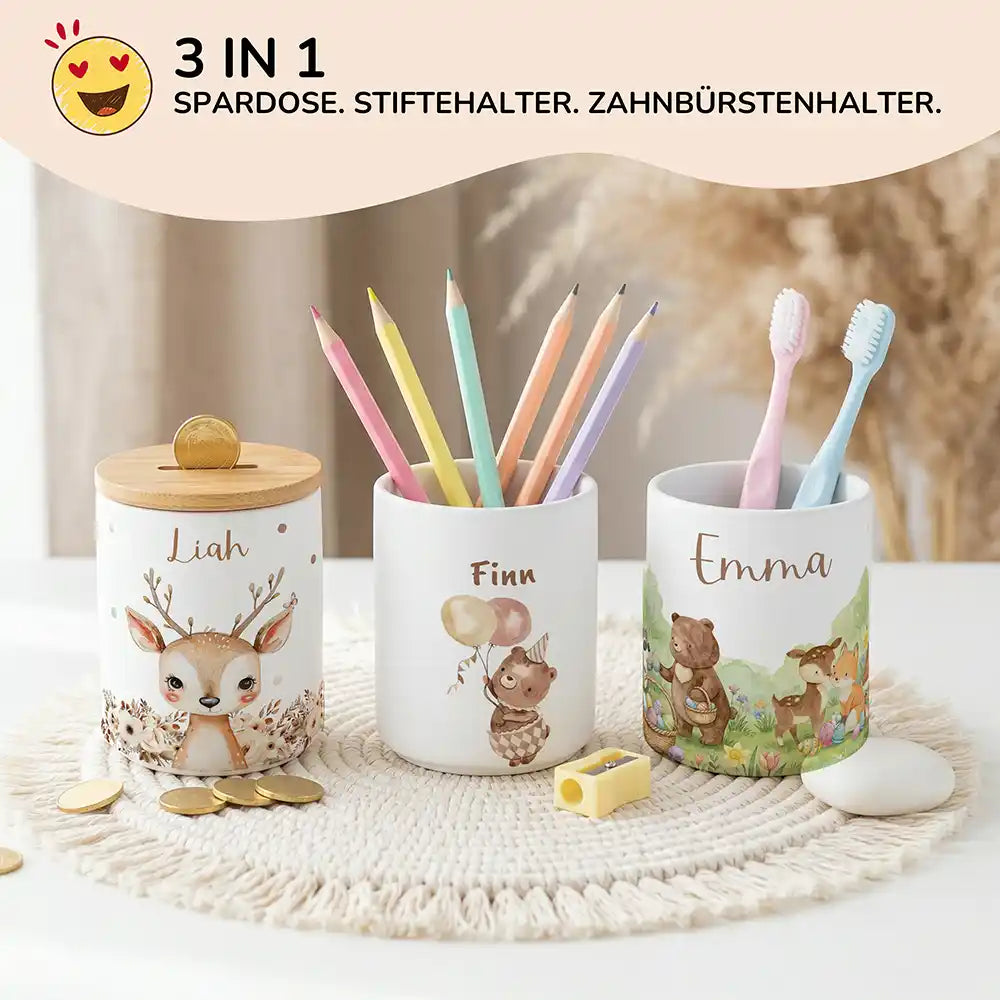Personalisierte Spardose Bär Geburtstag – Keramik & Bambus mit Wunschname
