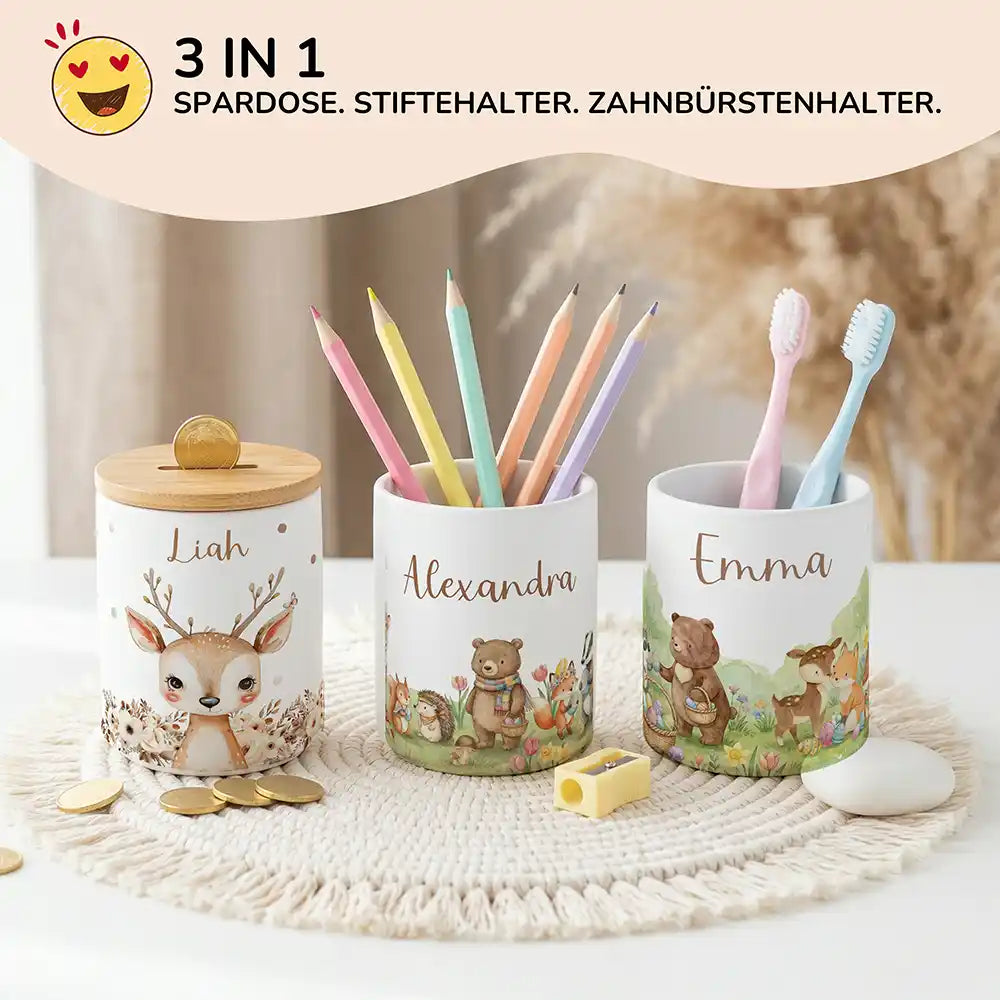 Personalisierte Spardose Ostern Hasen – Keramik & Bambus mit Wunschname