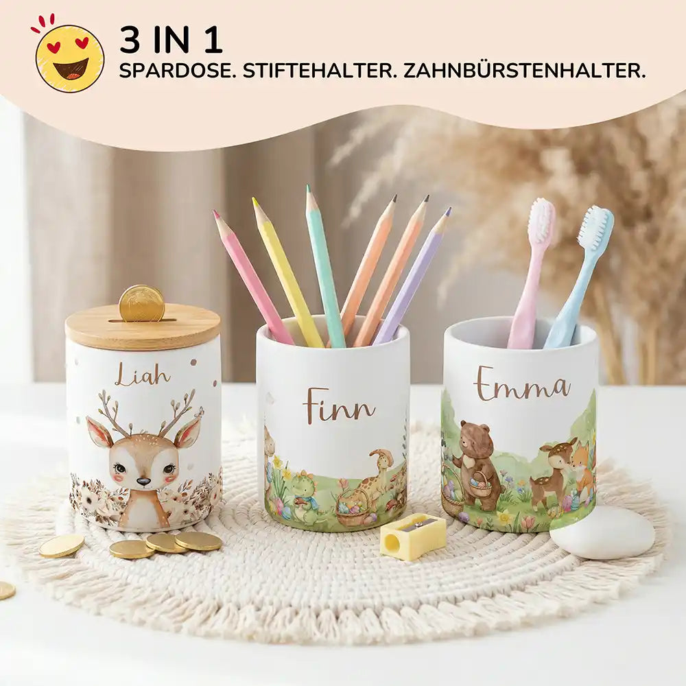 Personalisierte Spardose Dinos Ostern – Keramik & Bambus mit Wunschname