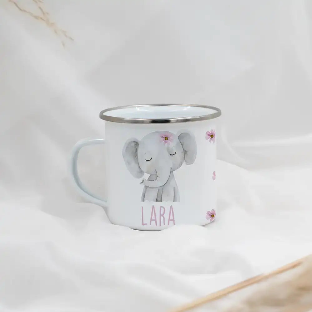 Emaille Tasse personalisiert - Elefant mit Blumen