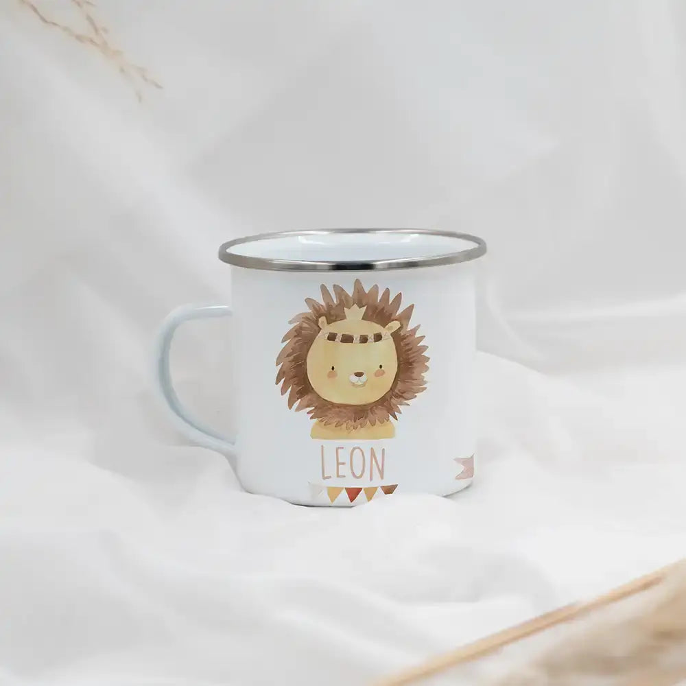 Emaille Tasse personalisiert - Löwe mit Girlande
