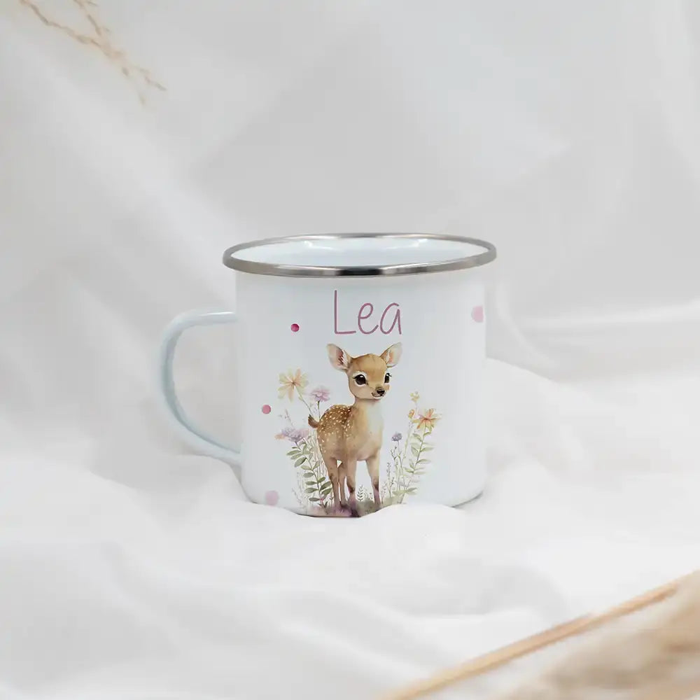 Emaille Tasse personalisiert - Reh mit Blumenkranz