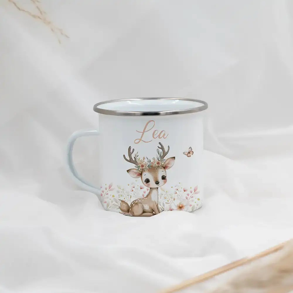 Emaille Tasse personalisiert - Reh & Schmetterling