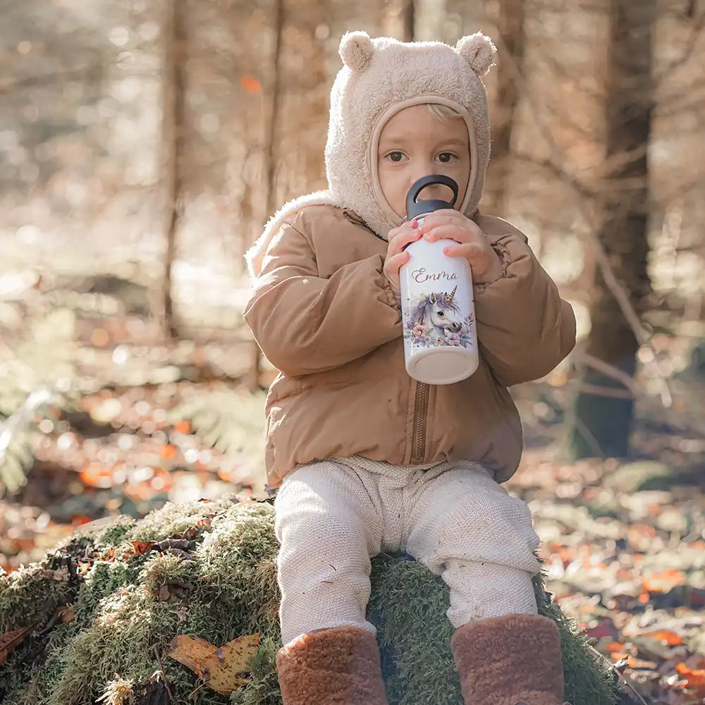 Trinkflasche Kinder Edelstahl - Einhorn mit Blüten