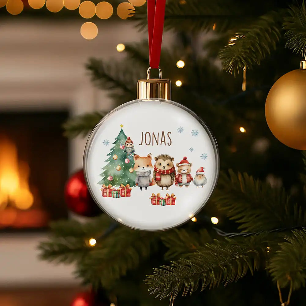 Weihnachtskugel personalisiert mit Namen - Tiere im Wald