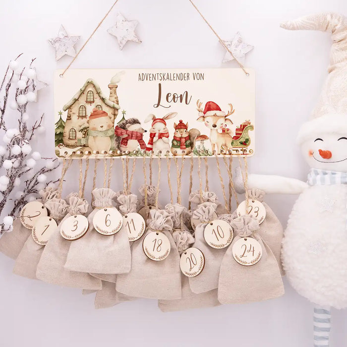 Personalisierbarer Adventskalender farbig - Fröhliche Tierfamilie