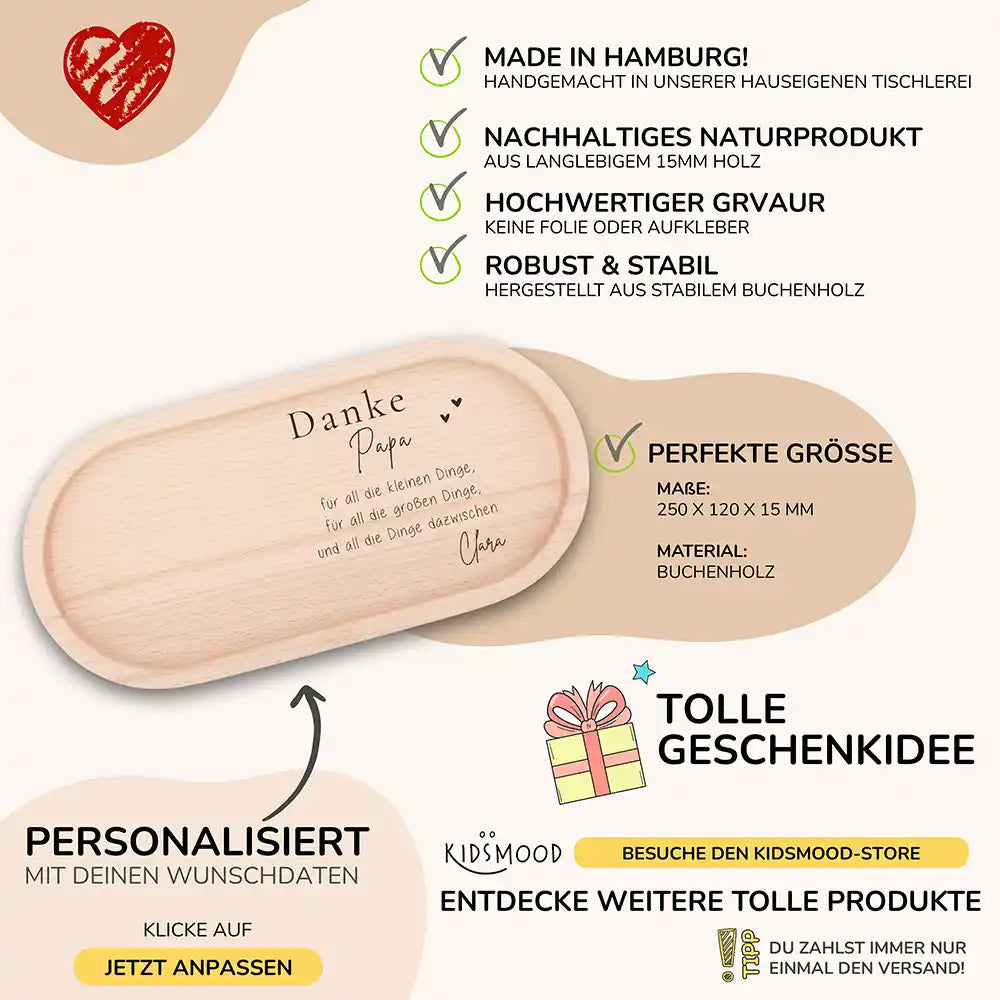 Personalisiertes Holz-Serviertablett "Danke Papa" - Vatertag Geschenk