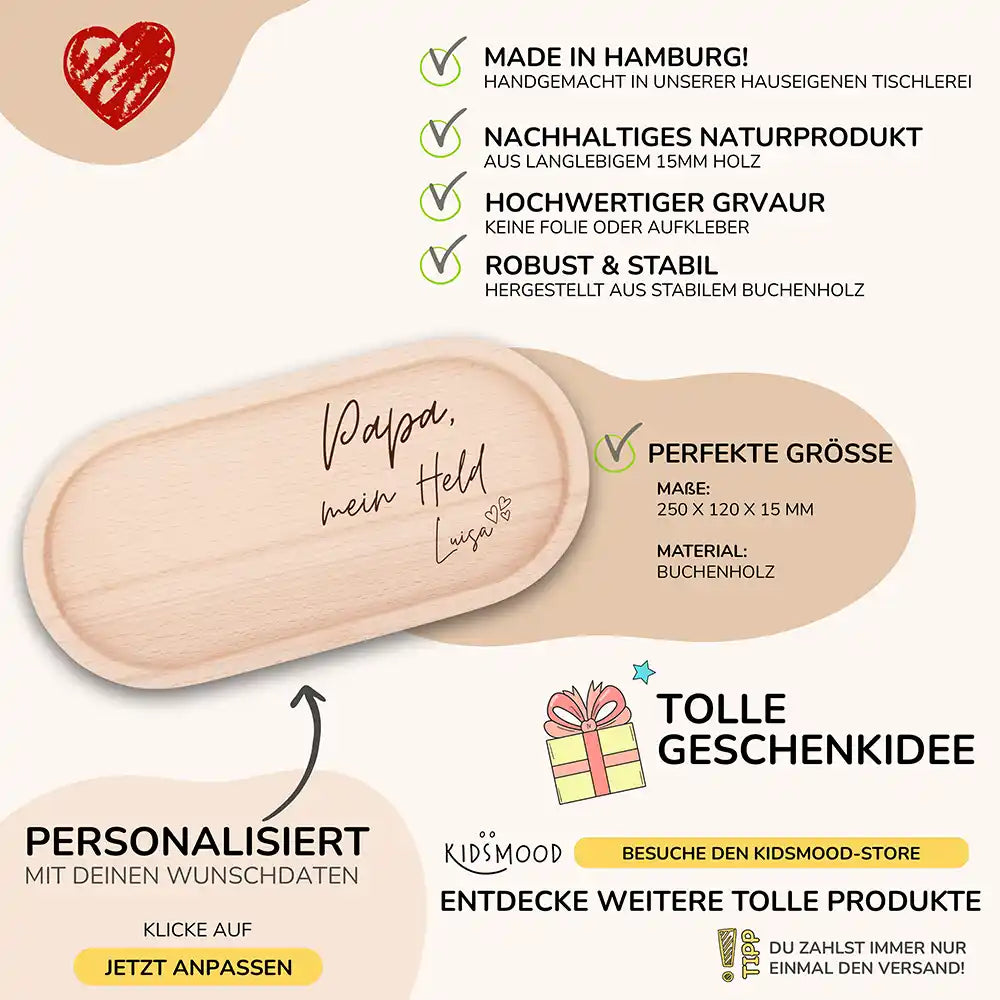 Personalisiertes Holz-Serviertablett "Papa, mein Held" - Vatertag Geschenk