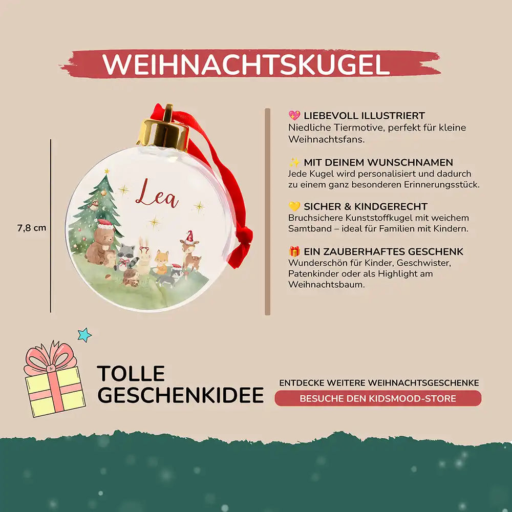Weihnachtskugel personalisiert mit Namen - Niedliche Waldtiere mit Weihnachtsmütze