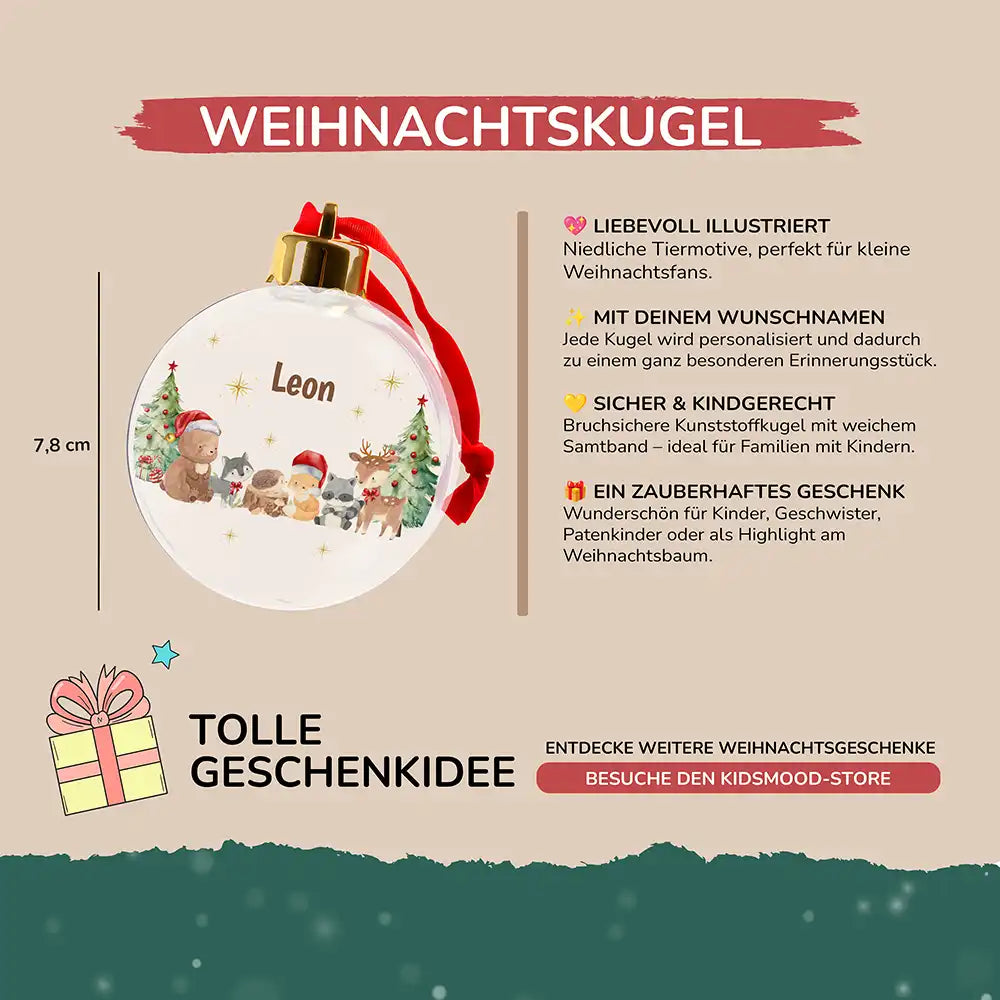 Weihnachtskugel personalisiert mit Namen - Niedliche Waldtiere mit Weihnachtsbaum