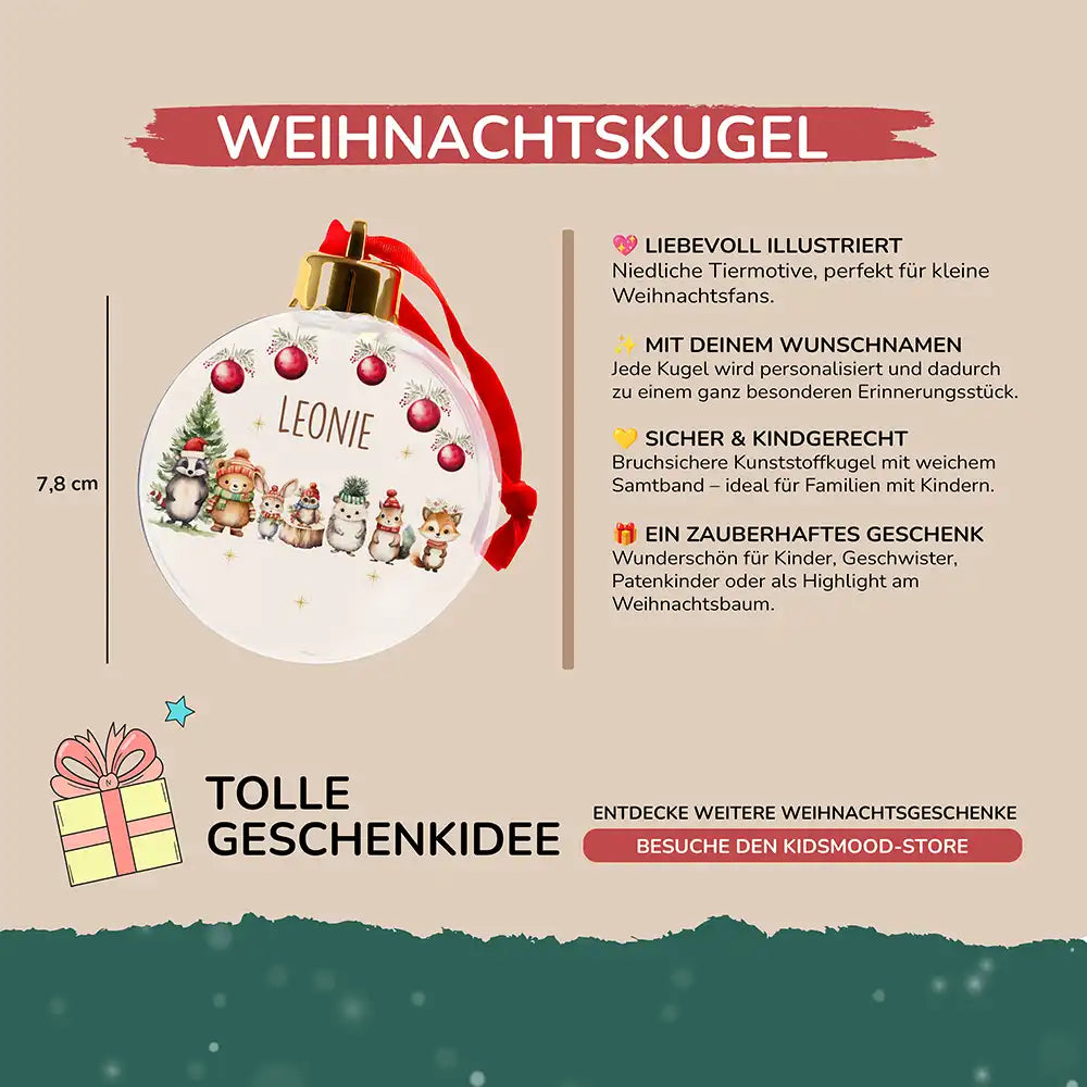 Weihnachtskugel personalisiert mit Namen - Niedliche Frostfreunde im Zauberwald