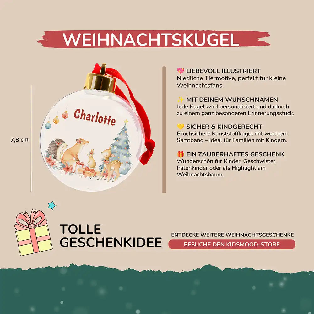Weihnachtskugel personalisiert mit Namen - Fuchs am Tannenbaum