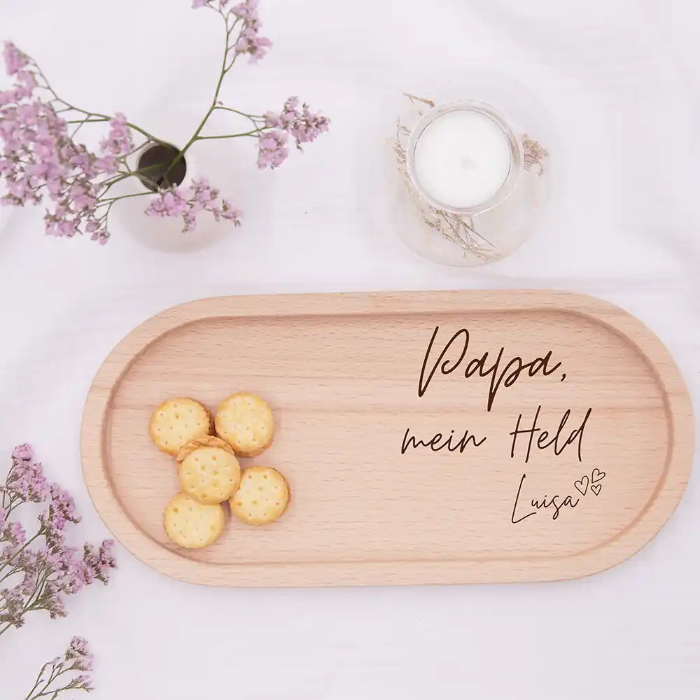 Personalisiertes Holz-Serviertablett "Papa, mein Held" - Vatertag Geschenk