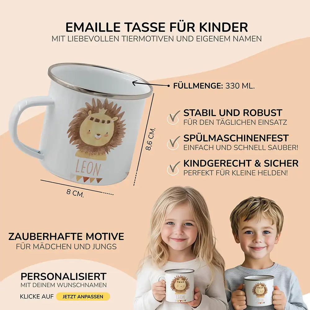 Emaille Tasse personalisiert - Löwe mit Girlande