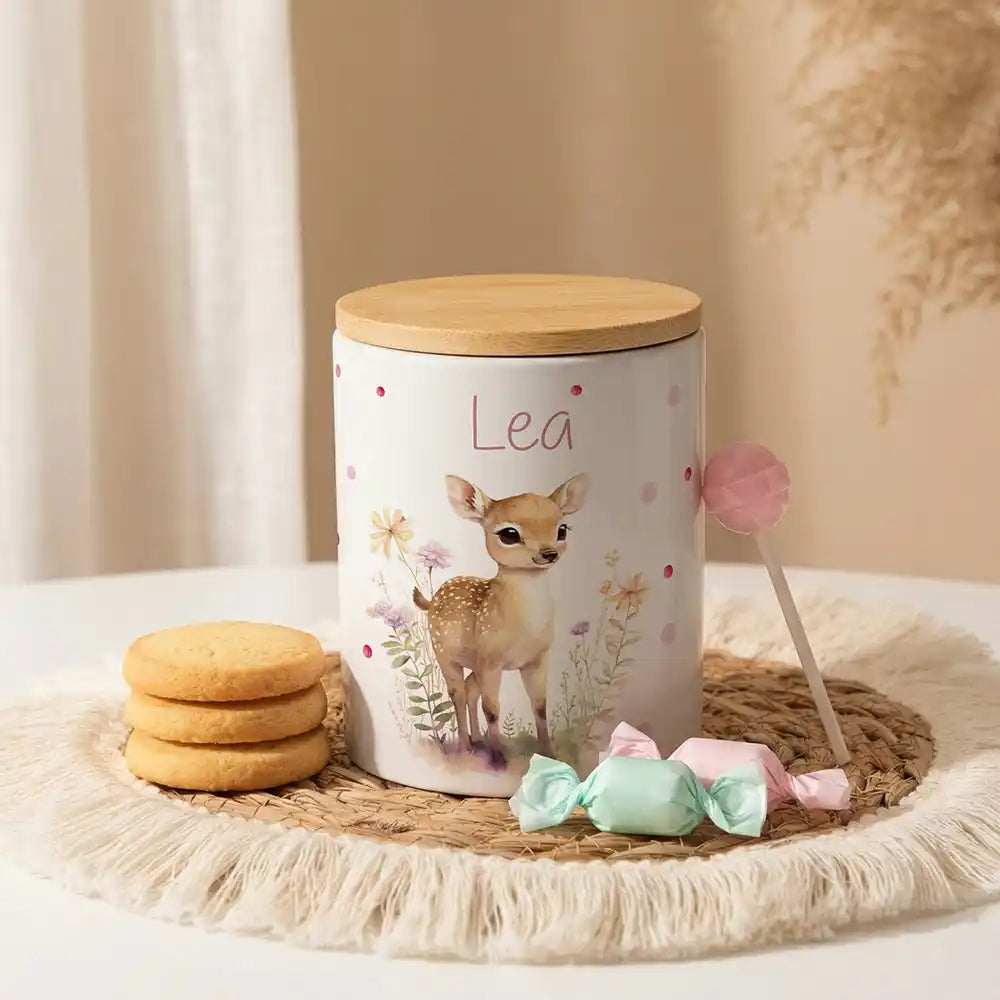 Personalisierte Keksdose Rehkitz Blumenwiese aus Keramik mit Bambusdeckel - Wunschname - Kidsmood.de