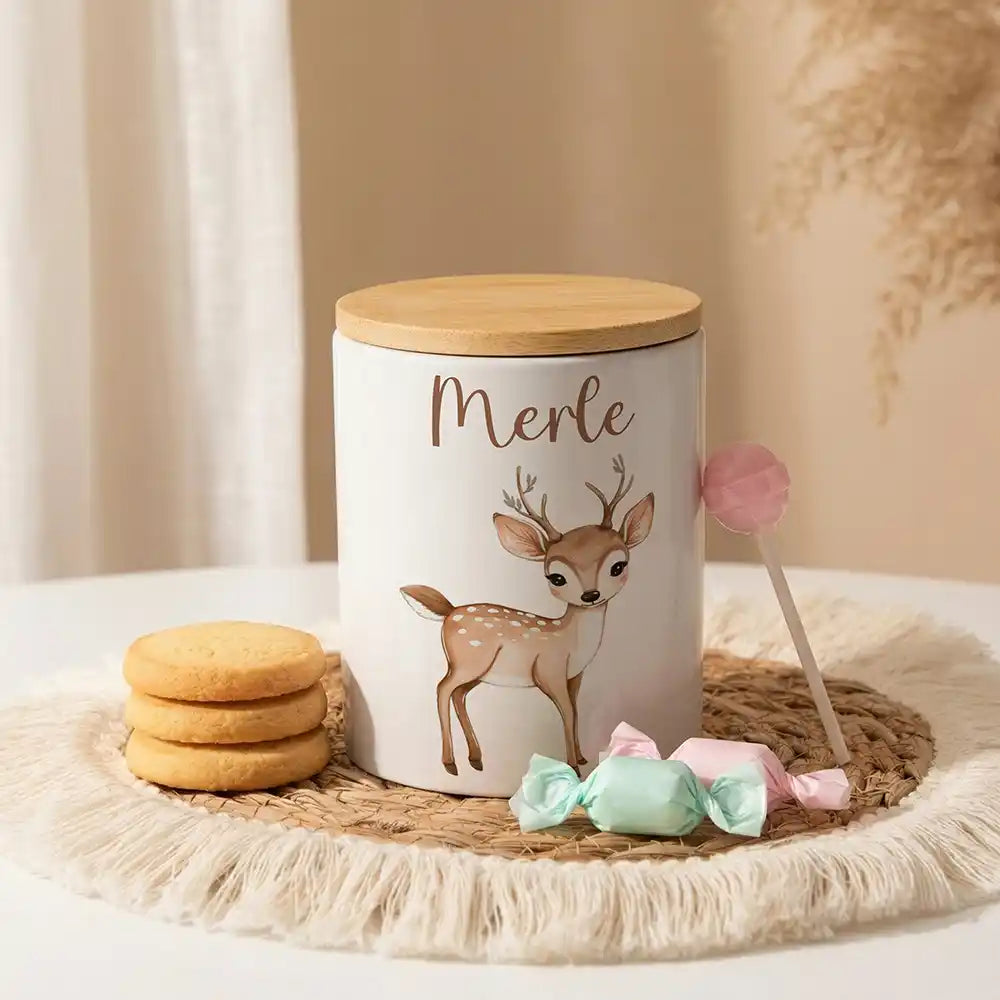 Personalisierte Keksdose Rehkitz Bambi aus Keramik mit Bambusdeckel - Wunschname - Kidsmood.de