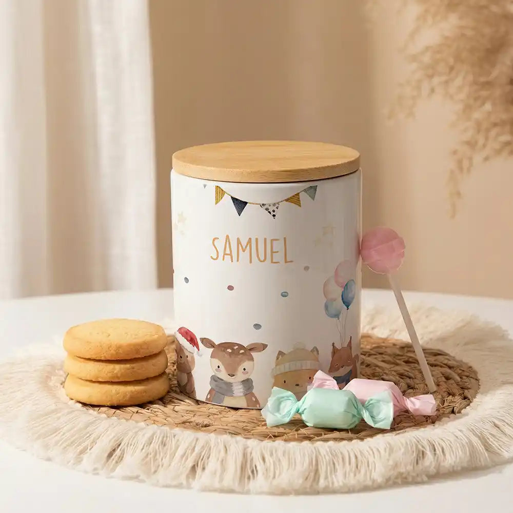 Personalisierte Keksdose Waldtiere Geburtstag aus Keramik mit Bambusdeckel - Wunschname - Kidsmood.de
