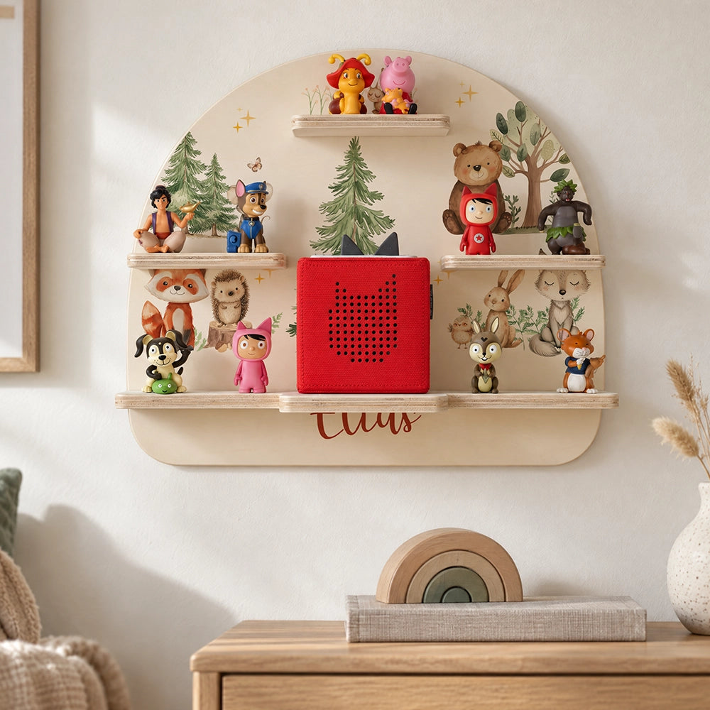 Tonie Regal aus Holz, Toniebox Regal personalisiert fröhliche Waldtiere