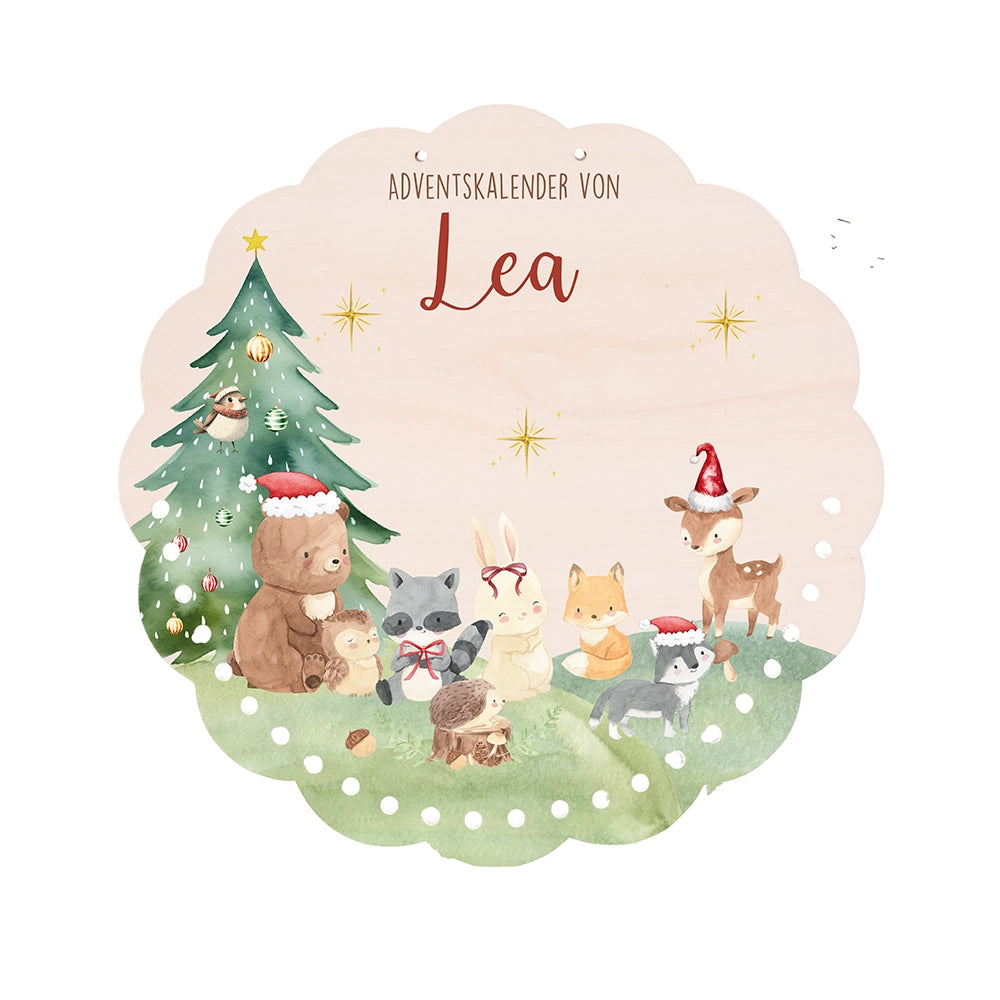 Personalisierter runder Adventskalender Kinder aus Holz  - Niedliche Waldfreunde