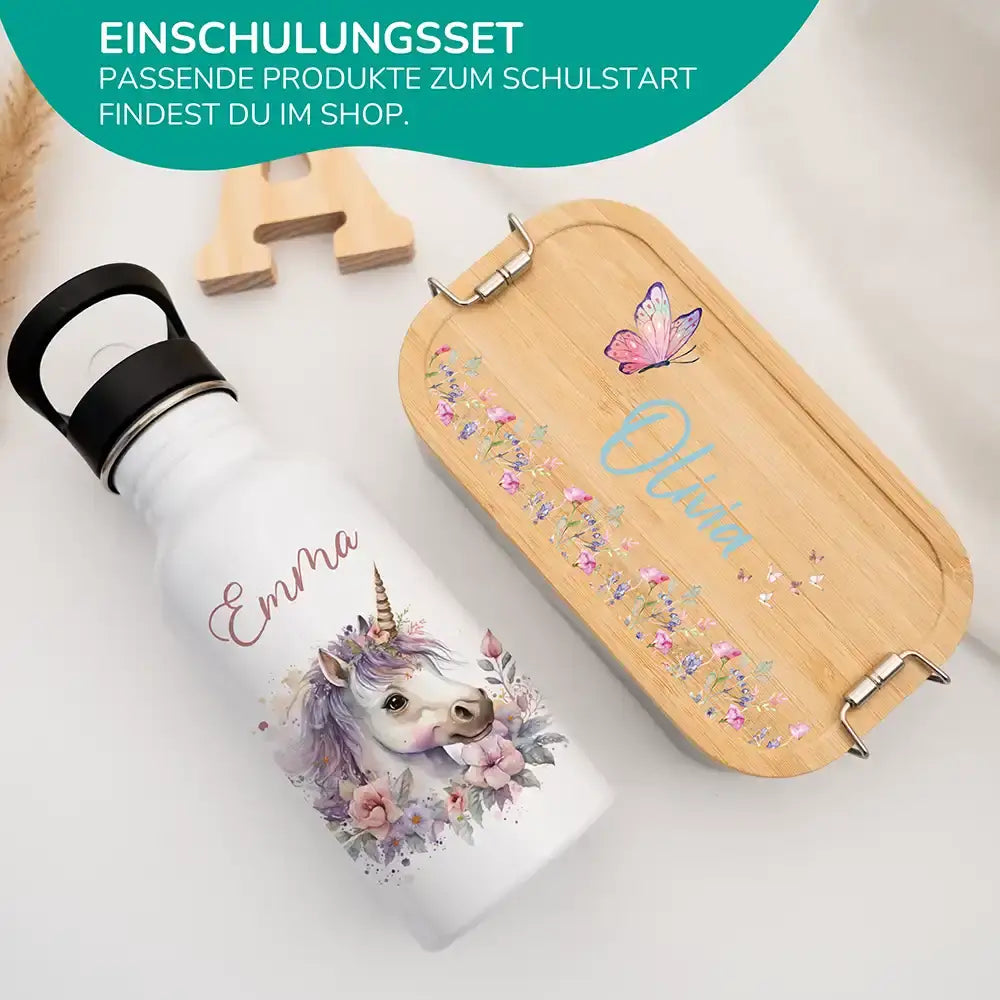 einhorn blüten trinkflasche für kinder mit integriertem trinkhalm