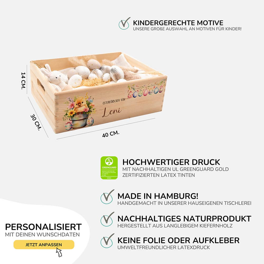 Osterkiste Holz personalisiert - Osterküken im Blumentopf