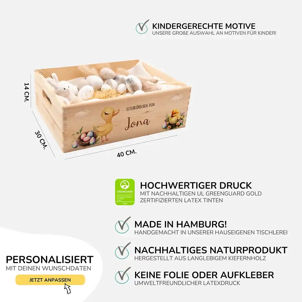 Osterkiste Holz personalisiert - Träumende Küken im Wolkenhimmel