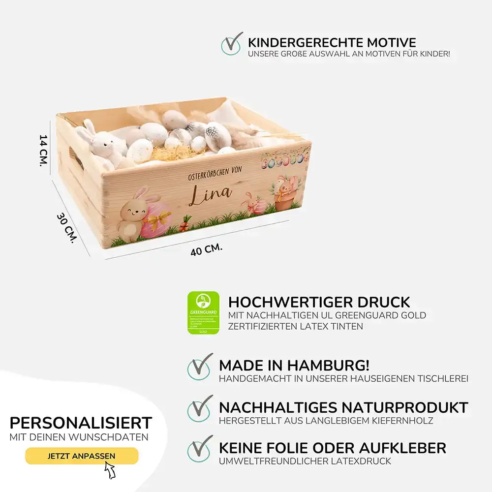 Osterkiste Holz personalisiert - Hasenglück mit Eier Girlande