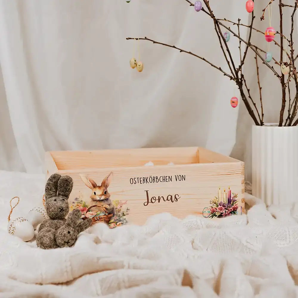 Osterkiste Holz personalisiert - Osterhase mit Kerzen