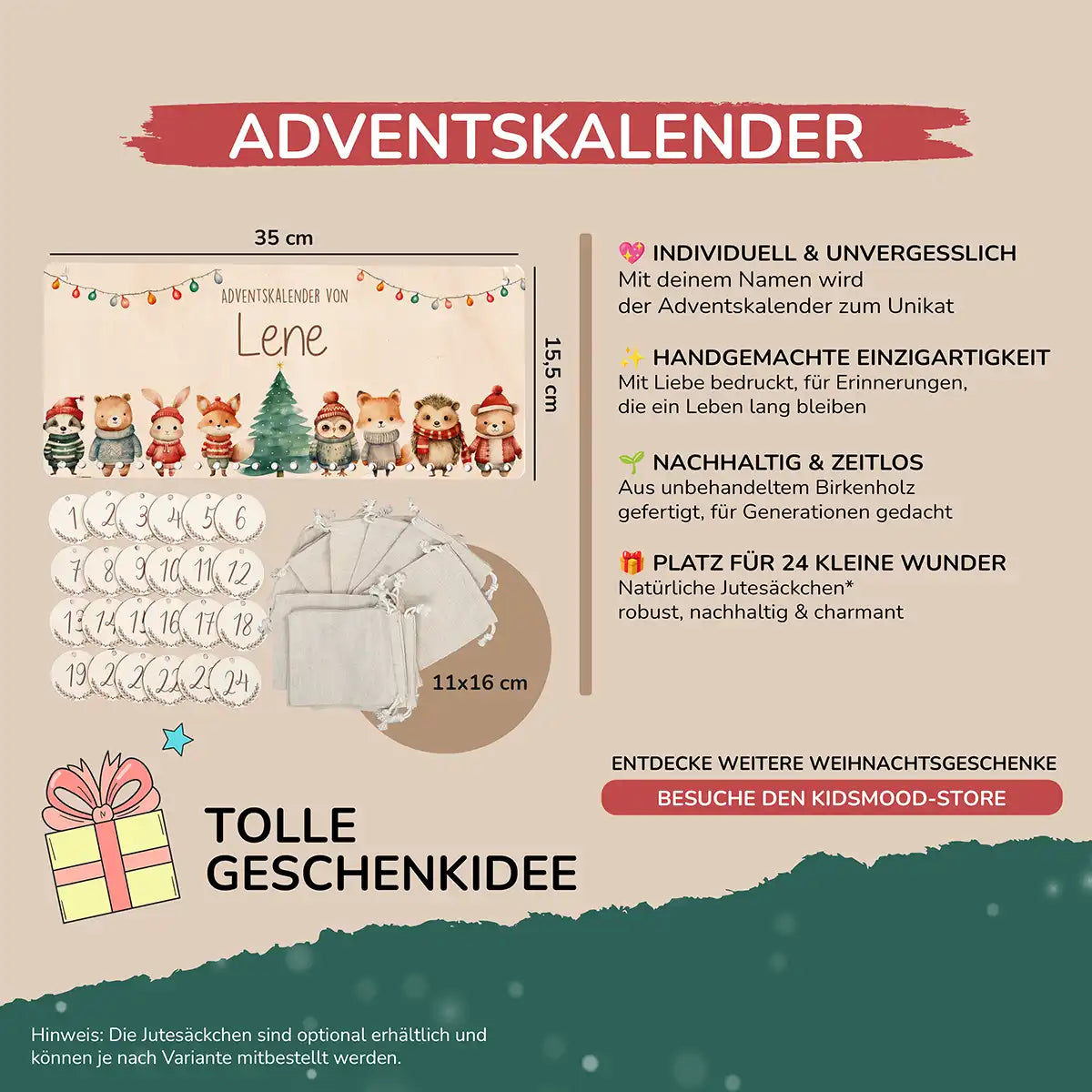 Personalisierbarer Adventskalender farbig - Niedliche Tiere