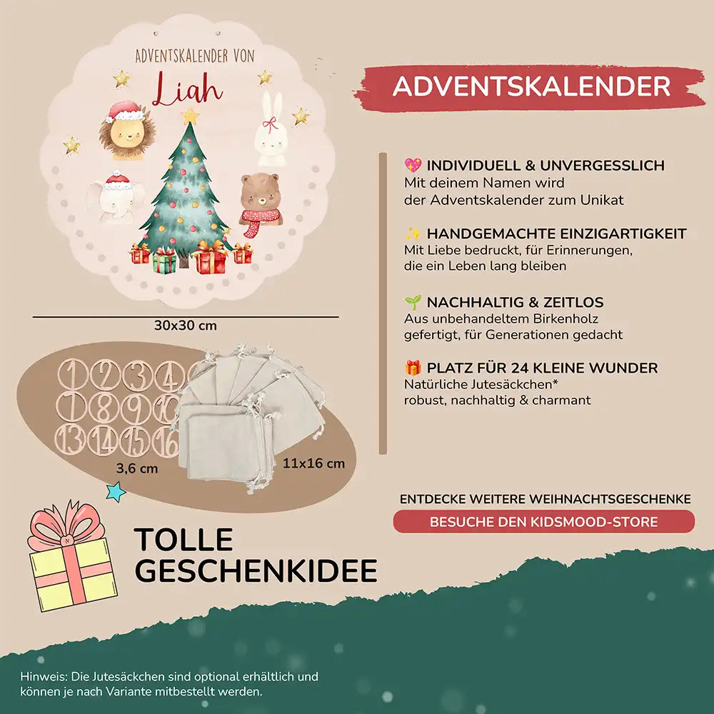 Personalisierter runder Adventskalender Kinder aus Holz  - Weihnachtliche Tierwelt