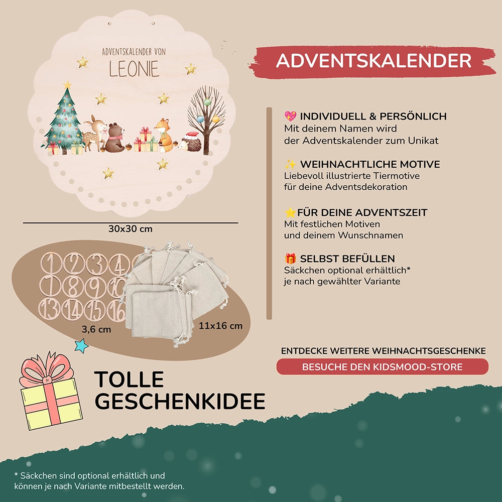 Personalisierter runder Adventskalender Kinder aus Holz  - Tiere im Schneegestöber