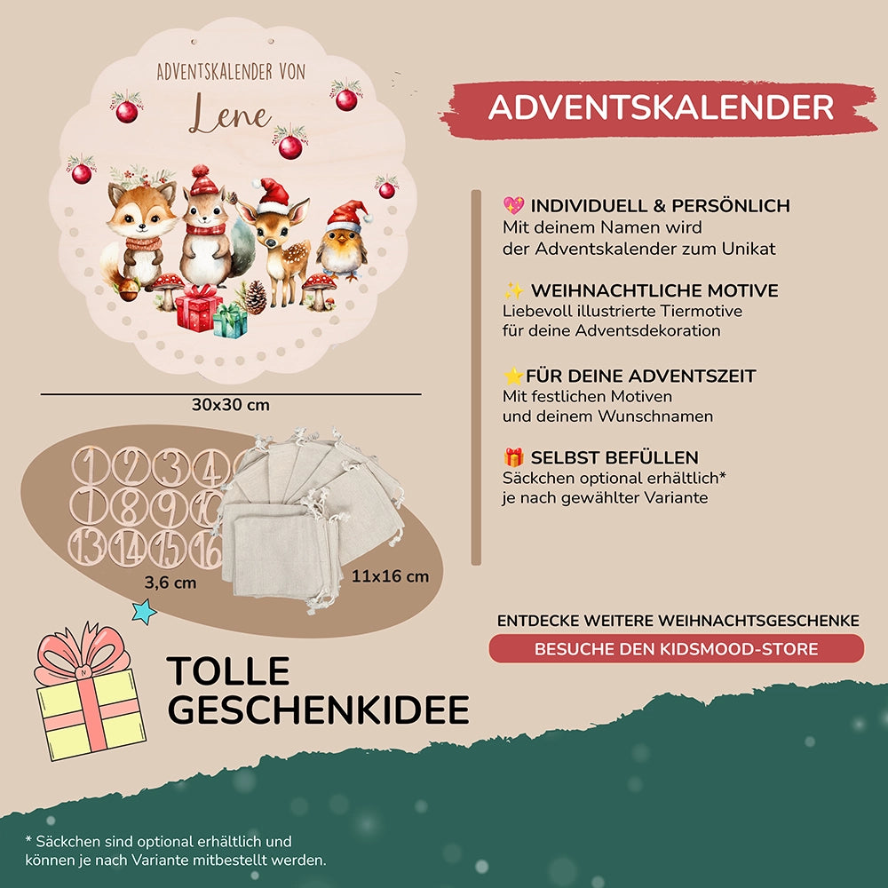 Personalisierter runder Adventskalender Kinder aus Holz  - Tierische Weihnachtsfeier