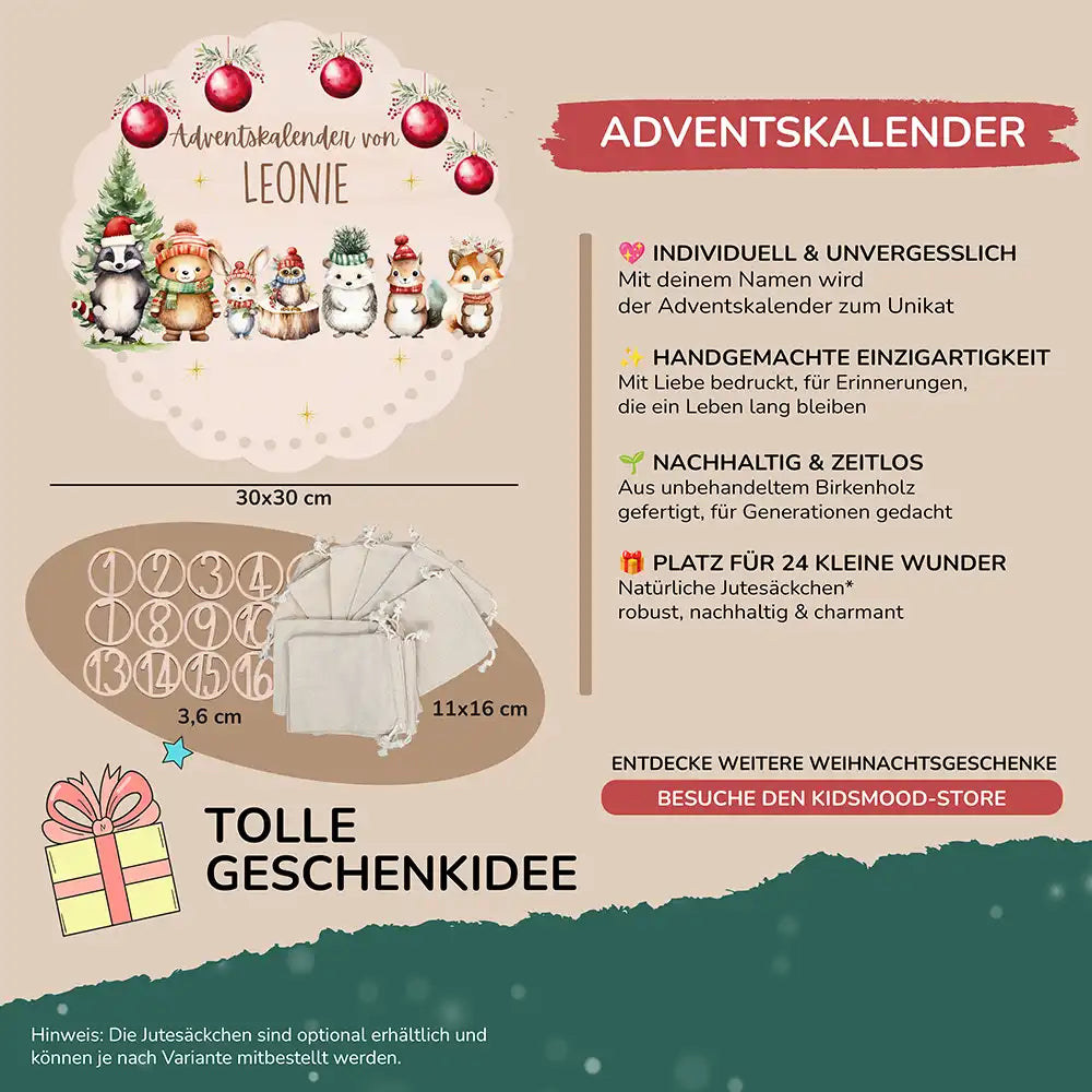Personalisierter runder Adventskalender Kinder aus Holz  - Kuschelige Winterfreunde