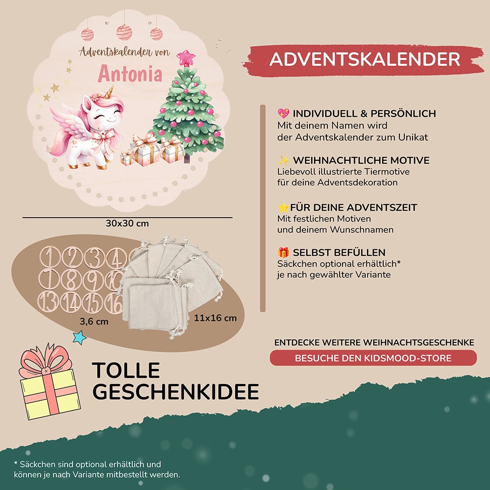 Personalisierter runder Adventskalender Kinder aus Holz  - Baby Einhorn