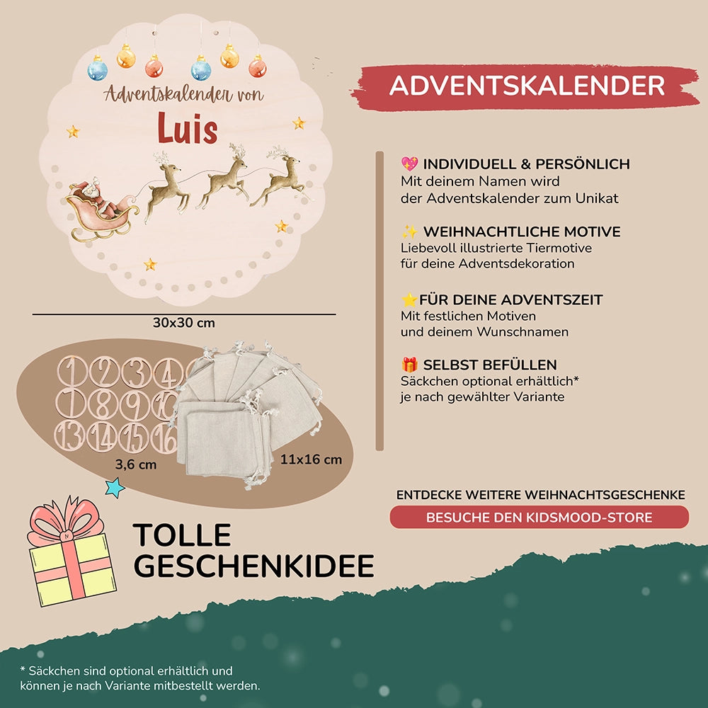 Personalisierter runder Adventskalender Kinder aus Holz  - Rentiere