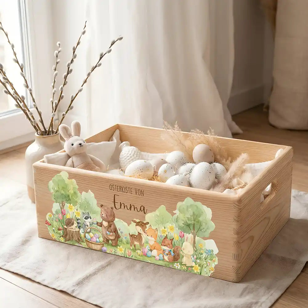 Osterkiste Holz personalisiert - Tierfamilie im Wald
